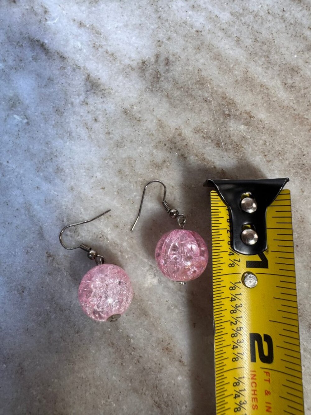 Pink Crackle Bead Drop Dangle Earrings Sparkly Silver Tone Fish Hook Handmade - Picture 2 of 3